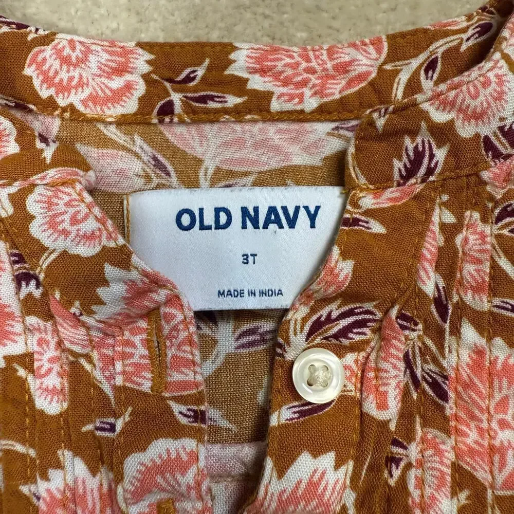Old Navy Girls Floral Long Sleeve Dress Autumn Brown Pink Flowers Birds 3T